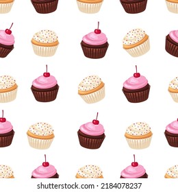 Seamless pattern of cupcakes with cherries and confetti. The background is chocolate and vanilla cake.
