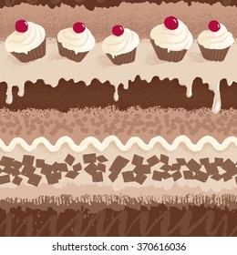 Seamless pattern with cupcakes, cherries, cream and chocolate chips, vector grunge background.