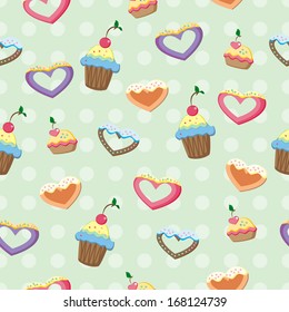Seamless pattern with cupcakes, cherries, heart-shaped cookies and frosting.  Can be used for backgrounds, wallpaper and gift wrapping. As well as card for Valentine's Day.
