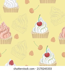 seamless pattern with cupcakes, cherries, raspberries on a yellow background. vector graphic