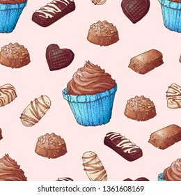 Seamless pattern of cupcakes chocolates hand drawing. Vector