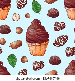 Seamless pattern of cupcakes chocolates hand drawing. Vector
