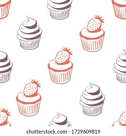Nahtloses Muster mit Kuchen. Farbenfrohe Desserts in einem skizzenhaften Stil, abgeschickt auf weißem Hintergrund. Doodle handgezogene Desserts und Konditorei. Vektor-Abbildung