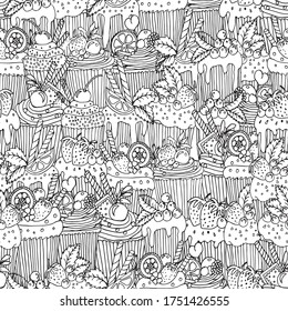 Seamless pattern with cupcakes. Cupcakes for coloring. Coloring book for adults and children.