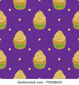 Seamless pattern of cupcakes in the colors of Mardi Gras. Halloween pumpkin cupcakes. Vector illustration.