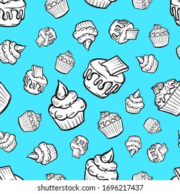 seamless pattern of cupcakes with cream confectioner food baking textile print colored background sweets vector relish