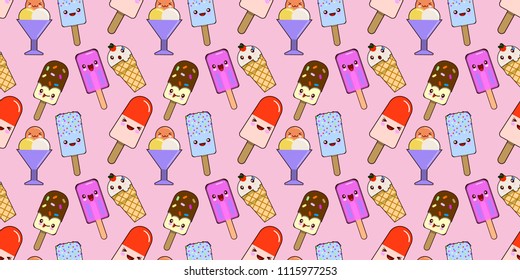 seamless pattern cupcakes with cream, ice cream in waffle cones, ice lolly, Kawaii with pink cheeks and winking eyes, pastel colors on pink background. vector illustration