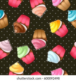 Seamless pattern of cupcakes with cream and meringue of different flavors isolated on black background with dots