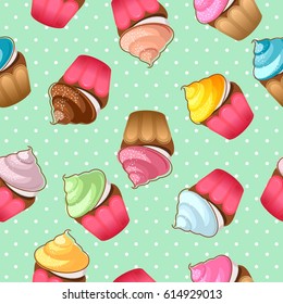 Seamless pattern of cupcakes with cream and meringue of different flavors isolated on green retro background with dots
