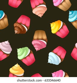 Seamless pattern of cupcakes with cream and meringue of different flavors on black background