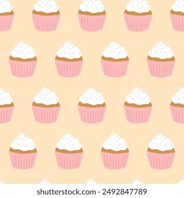 Seamless pattern of cupcakes with cream on pink background. Hand drawn doodle style. Vector illustration