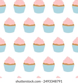 Seamless pattern of cupcakes with cream on white background. Hand drawn doodle style. Vector illustration