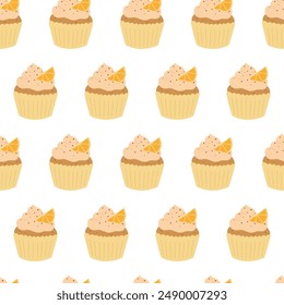 Seamless pattern of cupcakes with cream and orange slice on white  background. Hand drawn doodle style . Vector illustration