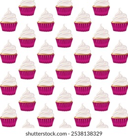 Seamless pattern cupcakes with cream, sweetness dessert. Muffin. Flat style. Gender party. Birthday, holiday, congratulations, concept of invitation. Vector illustration for banner, postcard.