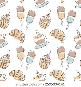Seamless pattern, cupcakes, croissants, coffee cups and ice cream. Black line with added color
