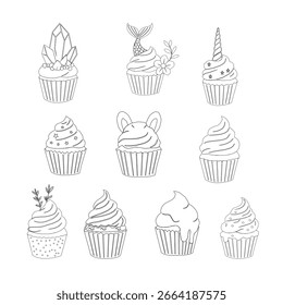 nahtloses Muster mit Cupcakes. Cupcake nahtloses Muster. Cupcake-Set. Cute Cupcakes Nahtloses Muster.Outline Cupcake. 