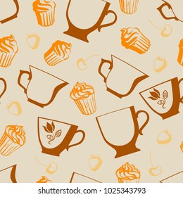 Seamless pattern with cupcakes, cups, strawberry and cherry.