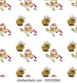 Seamless pattern with cupcakes and cups of tea vector 