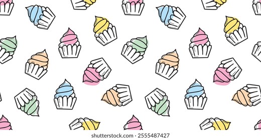 Seamless pattern with cupcakes. cute cake. Beautiful background for textiles and gift wrappers. Background for mole paper. Pattern with appetizing cupcakes.