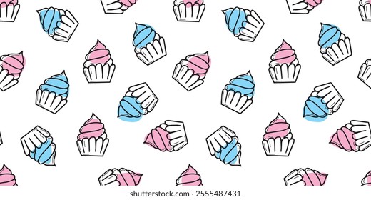 Seamless pattern with cupcakes. cute cake. Beautiful background for textiles and gift wrappers. Background for mole paper. Pattern with appetizing cupcakes.