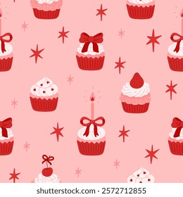 Seamless pattern of cupcakes decorated with candle, whipped cream, coquette bow, strawberry, cherry berry. Trendy background with festive muffins, sweet desserts. Holiday backdrop