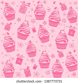 Seamless pattern with cupcakes. Delicious birthday party cupcakes with fruits whipped cream and gift box on pink background.  Can be used as packaging, as wrapping paper, wallpaper.  Vector 