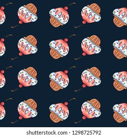 Seamless pattern with cupcakes. Design for textile, wallpaper, fabric. Vector repeat ornament on dark blue background