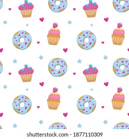 Seamless pattern with cupcakes and donuts. Cute cartoon vector illustration for decor and textiles.