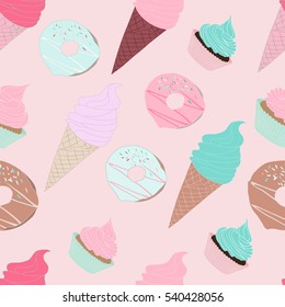 Seamless pattern with cupcakes, donuts, ice cream on pink background 