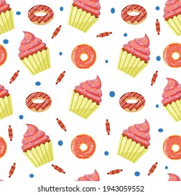 Seamless pattern with cupcakes and donuts.Sweet pattern for fabric, wrapping, wallpaper, backdrop design.Vector design illustration