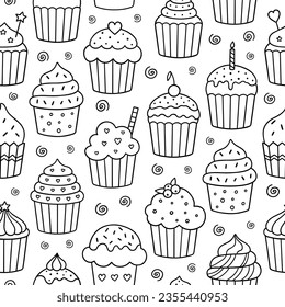 Seamless pattern of cupcakes doodle. Desserts and sweets in sketch style. Hand drawn vector illustration 