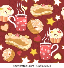 Seamless pattern of cupcakes, eclairs, cups of hot drink, candies in the form of stars and hearts.