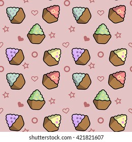 Seamless pattern with cupcakes. Endless food texture with cakes. Vector background