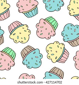 Seamless pattern with cupcakes. Endless food texture with cakes.