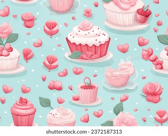 Patrón sin inconvenientes de pastelitos y elementos florales. Ilustración vectorial de los quequitos rosados sobre un fondo turquesa.