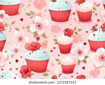 Seamless pattern of cupcakes and floral elements. Vector illustration of pink cupcakes on a pink background.