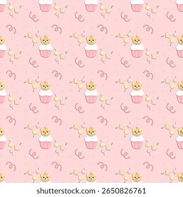 seamless pattern with cupcakes and flowers , fabric pattern, gift wrapping paper, notebook cover, phone case 