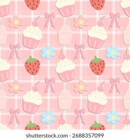 nahtloses Muster mit Cupcakes und Blumen, Stoffmuster, Geschenkpapier 
