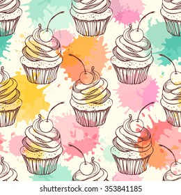 Seamless pattern with cupcakes. Freehand drawing