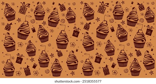 Seamless pattern with cupcakes.  Good for textile fabric design, wrapping paper, website wallpapers, textile, wallpaper and apparel. Horizontal posters, greeting cards, header, website.  Vector