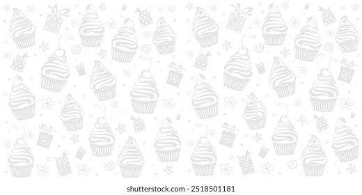 Seamless pattern with cupcakes.  Good for textile fabric design, wrapping paper, website wallpapers, textile, wallpaper and apparel. Horizontal posters, greeting cards, header, website.  Vector