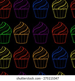 Seamless pattern with cupcakes. Hand drawing muffins and cake.