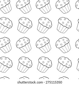 Seamless pattern with cupcakes. Hand drawing muffins and cake.