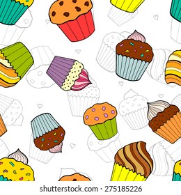 Seamless pattern with cupcakes. Hand drawing muffins and cake.