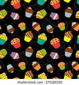Seamless pattern with cupcakes. Hand drawing muffins and cake.