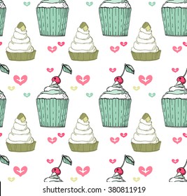Seamless pattern of cupcakes and hearts. Can be used as menu, greeting card, texture, background or to make notes.