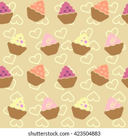 Seamless pattern with cupcakes and hearts. Endless food texture with cakes. Vector background