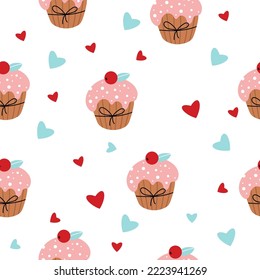 Seamless pattern with cupcakes and hearts on white background, vector pattern in flat cartoon style