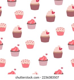 Seamless pattern of cupcakes with hearts on white background. Hand drawn doodle style. Vector illustration