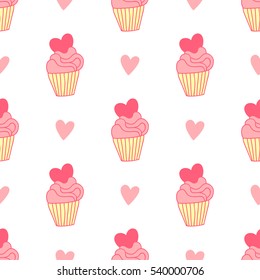 Seamless pattern with cupcakes and hearts on a white background. 